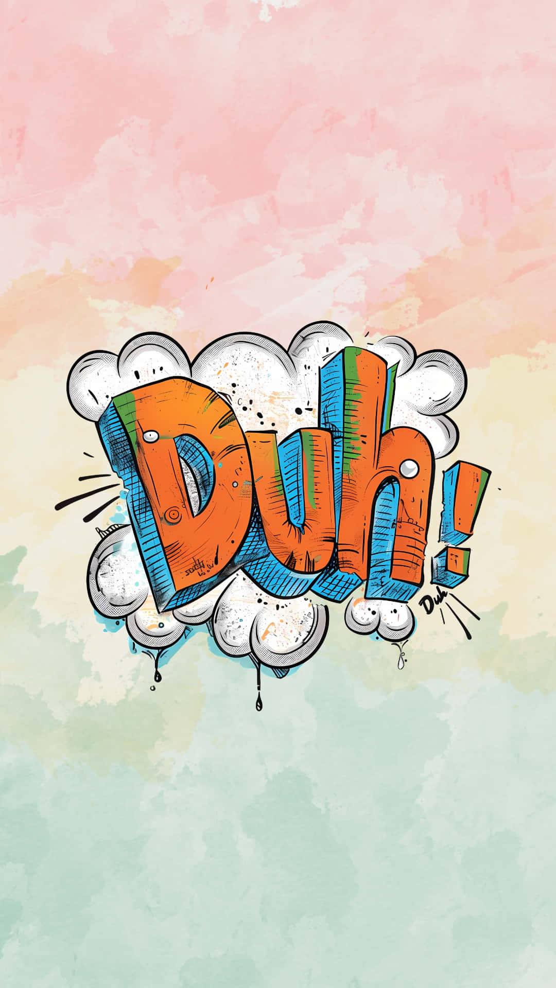  壁紙 — 大膽漫畫風格嘅「Duh！」文字從對話氣泡中爆出，背景係柔和嘅水彩漸變色。