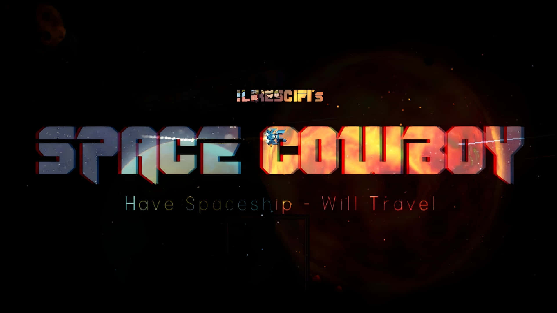  壁紙 — 大膽的復古未來風格標題「SPACE COWBOY」在星空宇宙背景下散發著火橙色和冷藍色的漸變光芒。