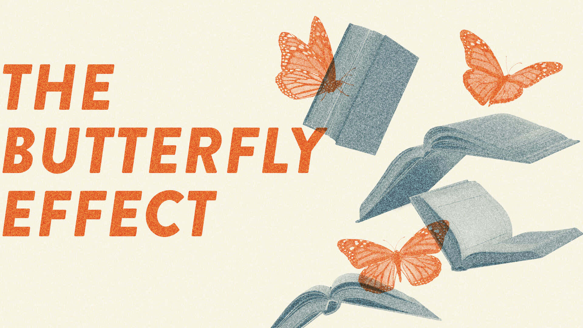 文字顯示「The Butterfly Effect」，並有漂浮的書本和蝴蝶。 — 唯美蝴蝶動圖 壁紙
