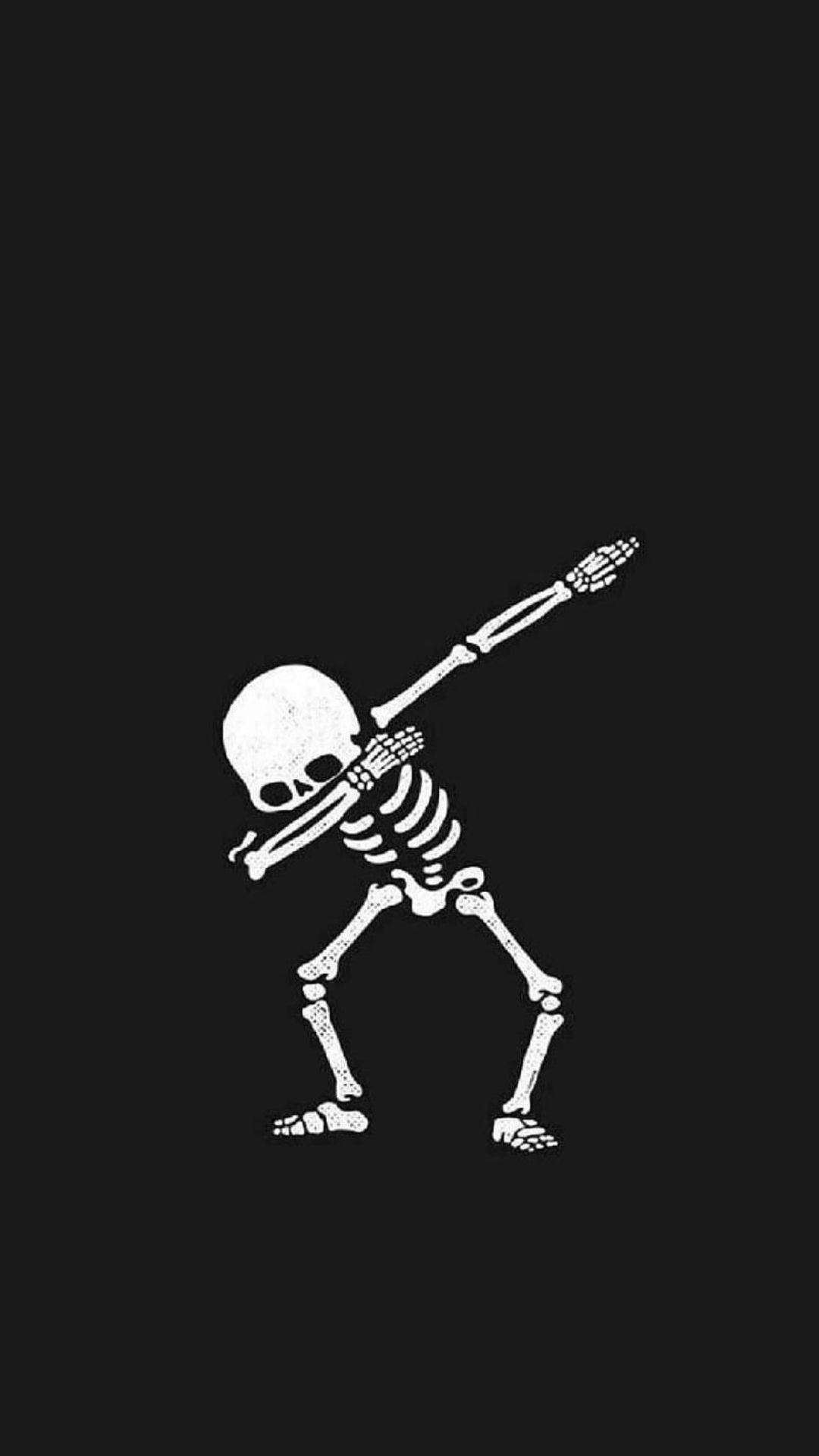 一個骷髏在黑色背景上做 dab 舞蹈動作。
