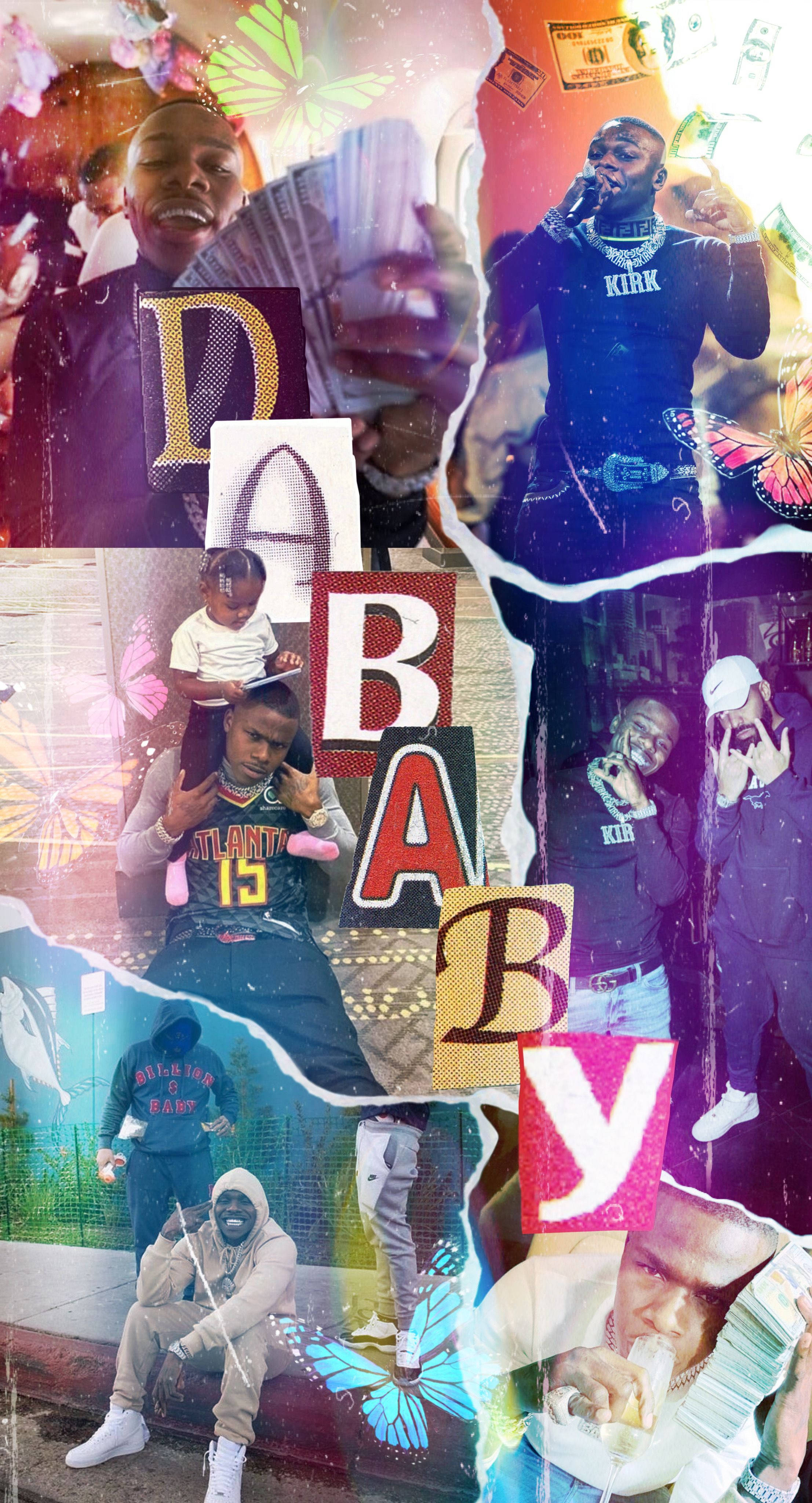 Dababy手機與珍貴回憶 壁紙 — Dababy 以不同姿勢、金錢蝴蝶和粗體字組成的充滿活力的拼貼畫，營造出華麗的嘻哈氛圍。