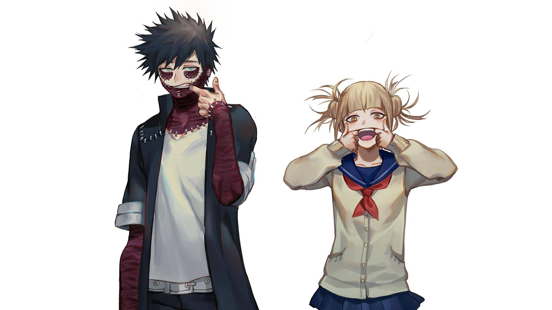 Dabi 與 Himiko Toga 壁紙 — 兩個動漫角色，一個滿臉鮮血指向觀眾，另一個穿著校服用手摀住嘴巴。
