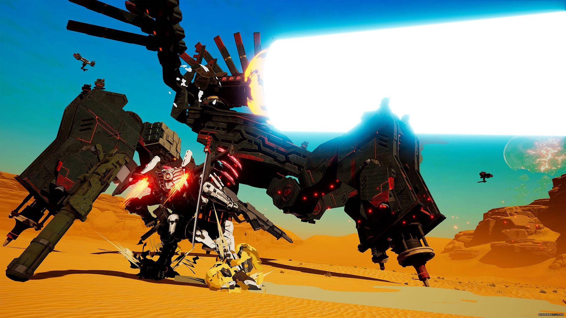 Daemon X Machina 沙漠戰鬥 壁紙 — 兩架巨型機甲在沙漠中戰鬥，烈日當空，天空中有行星。