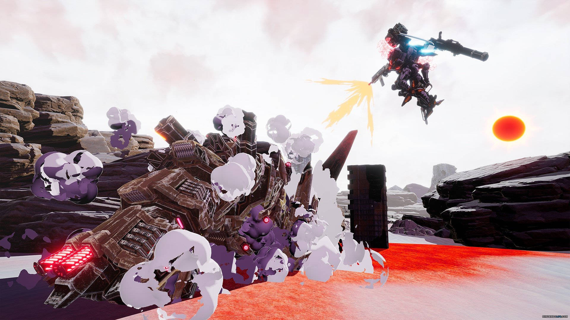 Daemon X Machina 雷吉里戰鬥中 壁紙 — 一架未來風格的機甲在紅色外星行星上，於發光的橙色太陽下與漂浮的敵人戰鬥。