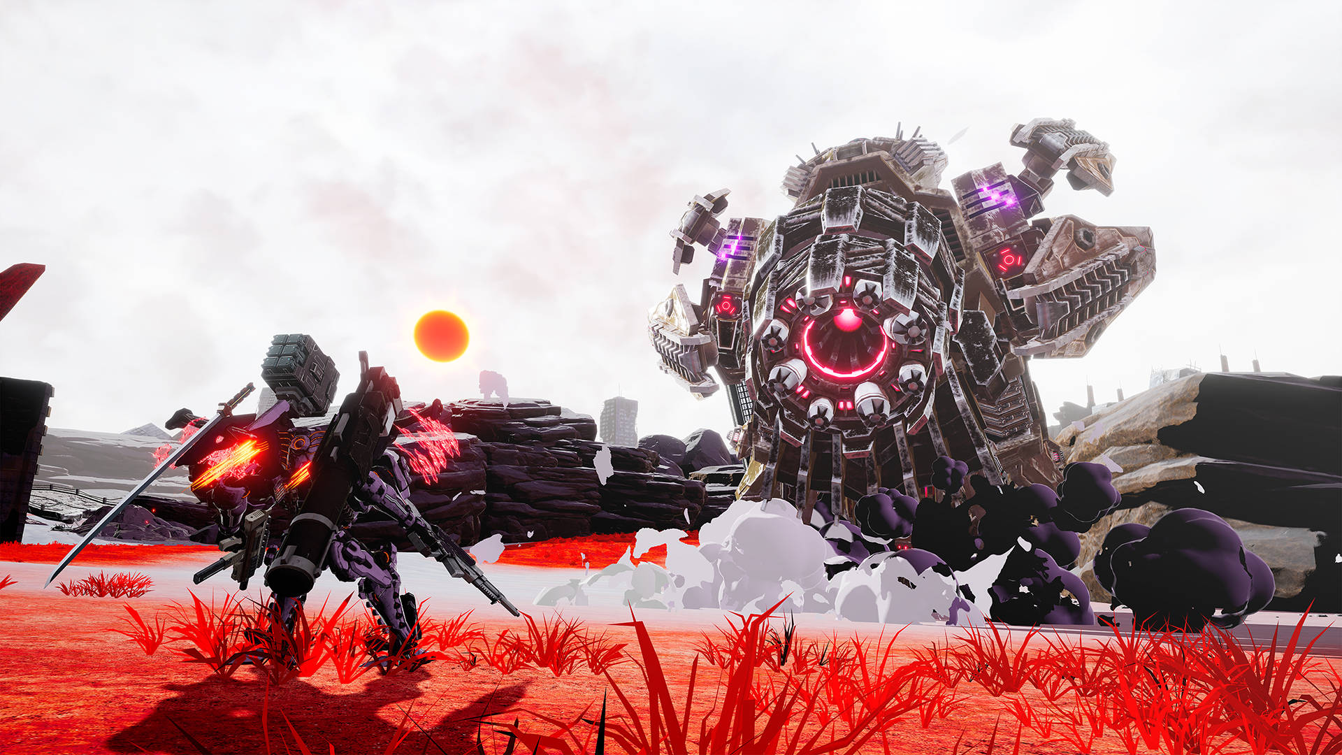 Daemon X Machina 一隻眼怪獸 壁紙 — 一名身穿暗色盔甲的戰士在夕陽下的紅色草地上，準備對抗一個巨大的發光機械怪物。