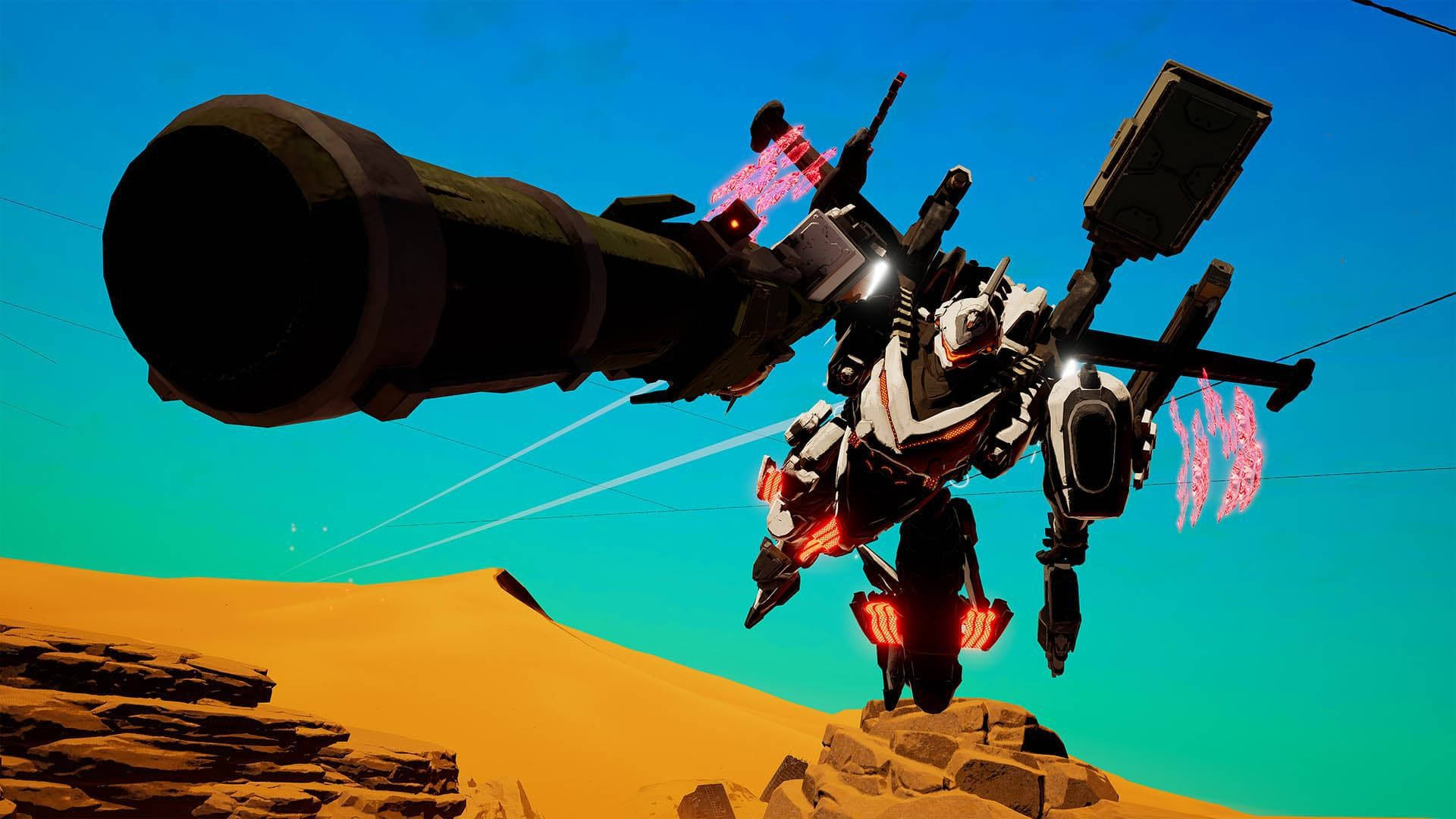 Daemon X Machina 人工智能機器人 壁紙 — 一部白色和黑色的機甲，帶有發光的紅色點綴，在漸變天空下的沙漠峽谷中發射能量光束。