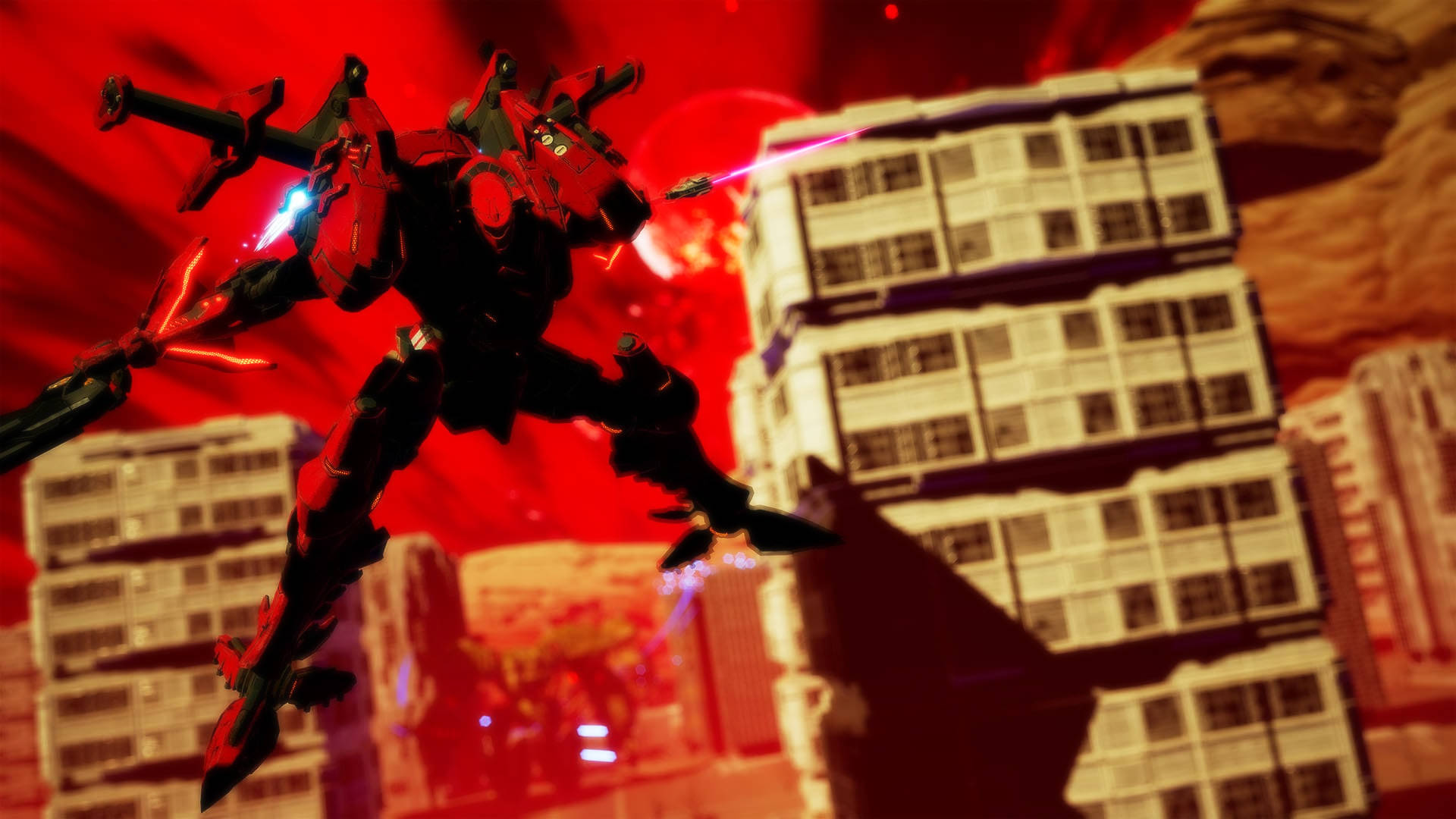 Daemon X Machina 戰場 壁紙 — 一部紅黑機甲在血紅天空下，於高聳建築物之間戰鬥，使用發光的能量武器。