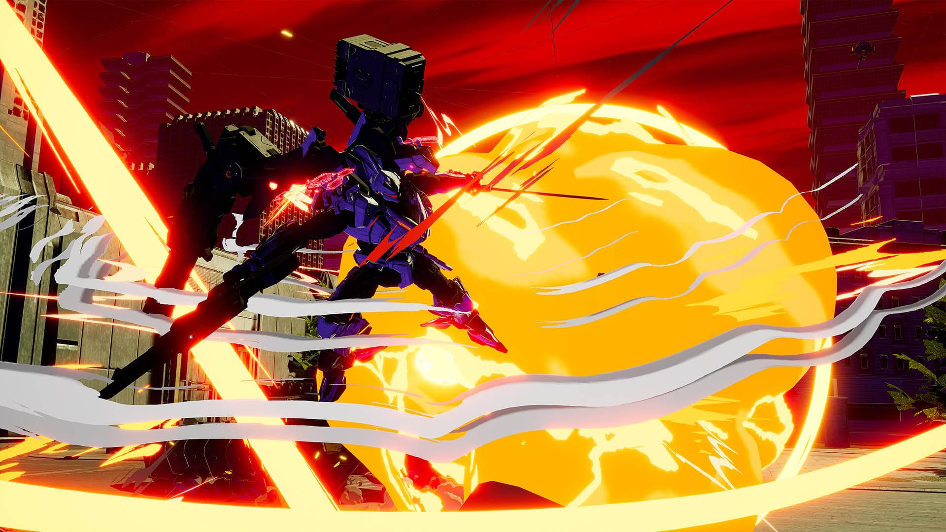 Daemon X Machina 機器人爆炸 壁紙 — 一個紫色和黑色的機甲在紅色調的城市天際線中，用發光的刀刃與火橙色的太陽戰鬥。