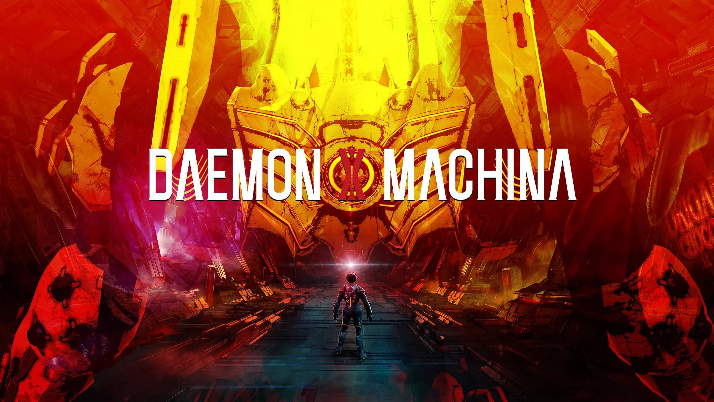 Daemon X Machina 黃色怪獸 壁紙 — 一個孤獨的身影站在一個巨大的發光黃色機械實體前，背景是火紅和橙色的科幻走廊。