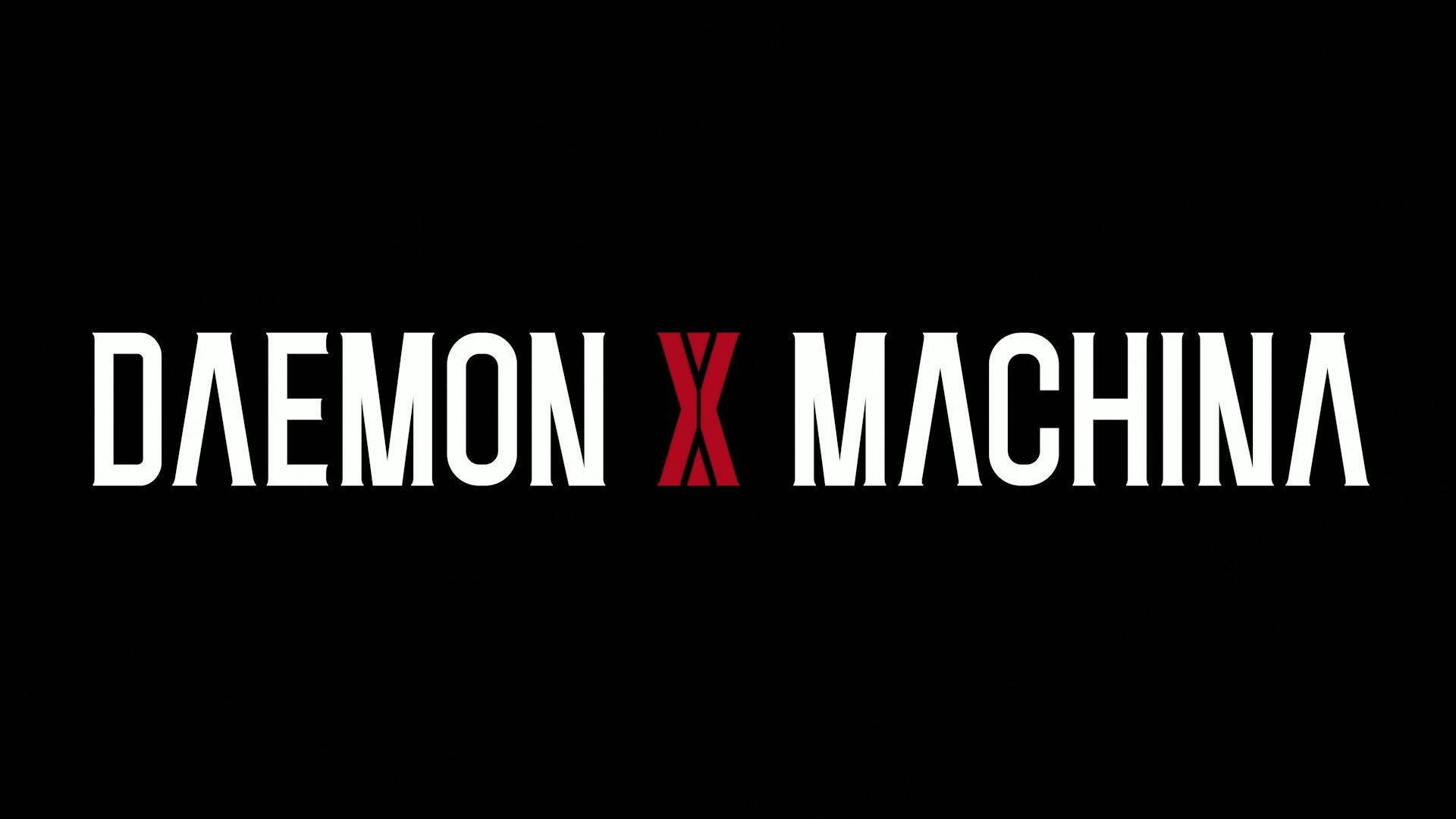 Daemon X Machina 黑色版 壁紙 — 大膽的白色和紅色文字在純黑色背景上拼出 DAEMON X MACHINA。
