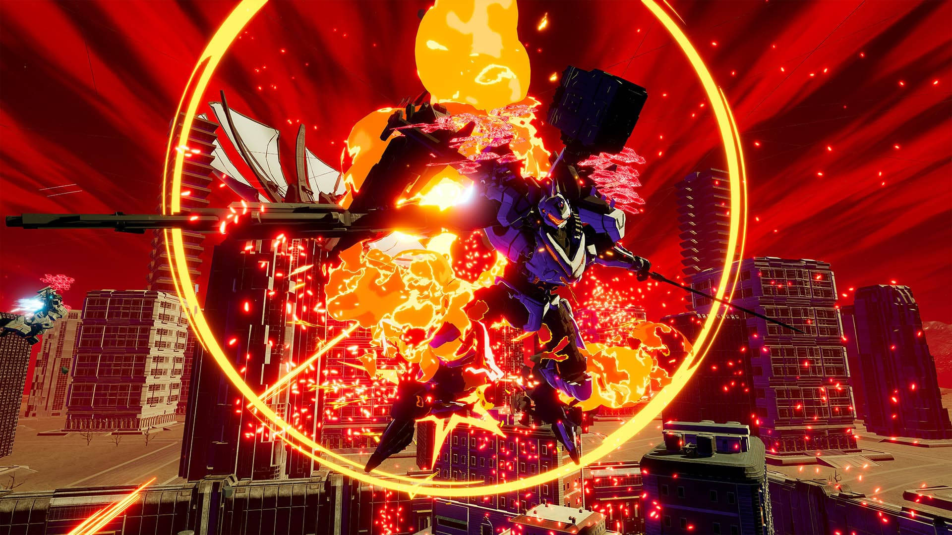 Daemon X Machina 爆炸戰鬥場景 壁紙 — 一架火熱的機甲在發光的紅色圓環中戰鬥，城市景觀上空火花四濺。