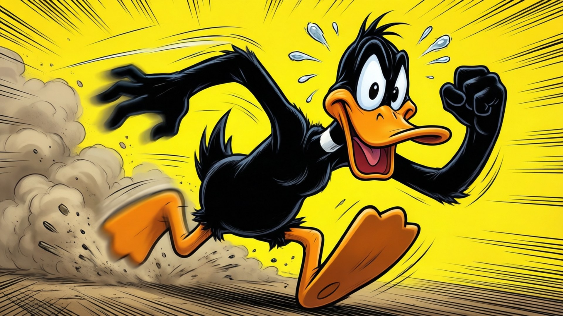 Daffy Duck 喺黃色背景上快速奔跑，身後塵土飛揚。
