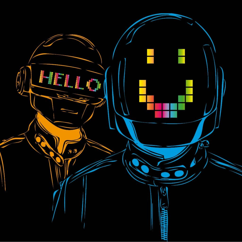 兩個機器人人物戴著發光頭盔，一個顯示 hello，另一個顯示彩虹笑臉。