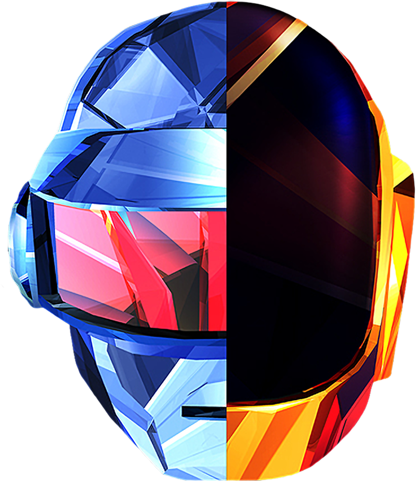 抽象幾何Daft Punk頭盔 壁紙 — 一個風格化的頭盔垂直分割，左半邊為藍色水晶，右半邊為火橙色，背景為黑色。