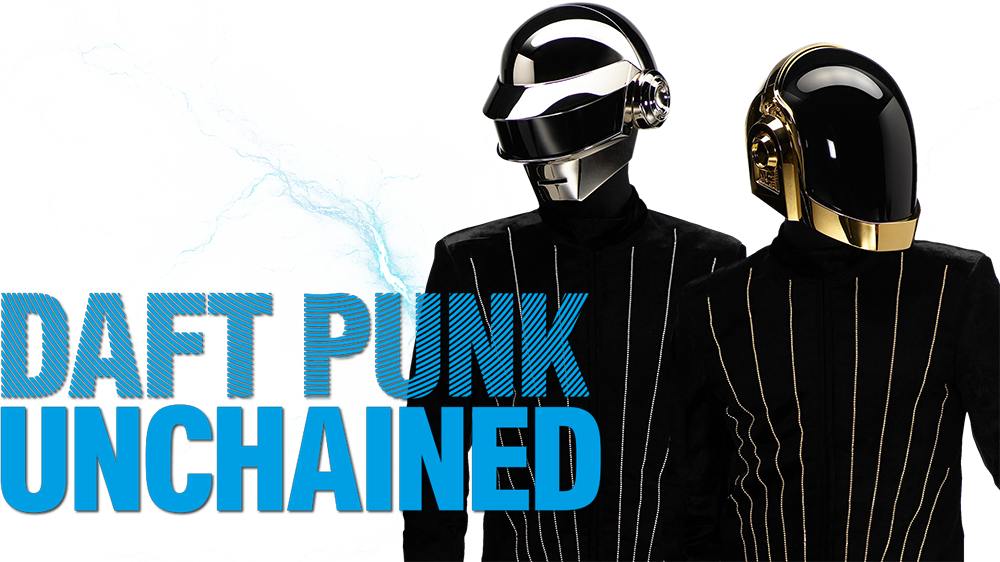 Daft Punk Unchained 宣傳藝術 壁紙 — 兩個標誌性的 Daft Punk 機械人穿著黑色細條紋西裝，站在動態藍色水花和故障數位背景前。