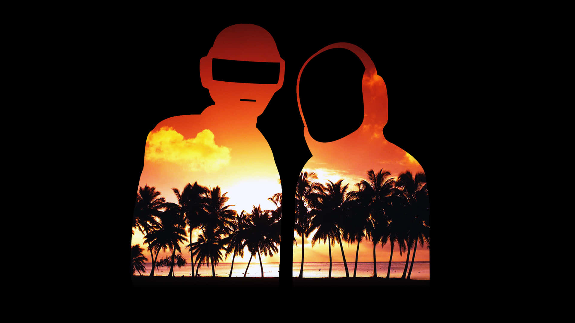 punk 桌布 壁紙 — Daft Punk 的剪影，背景是充滿活力的日落，下方有棕櫚樹和海洋。