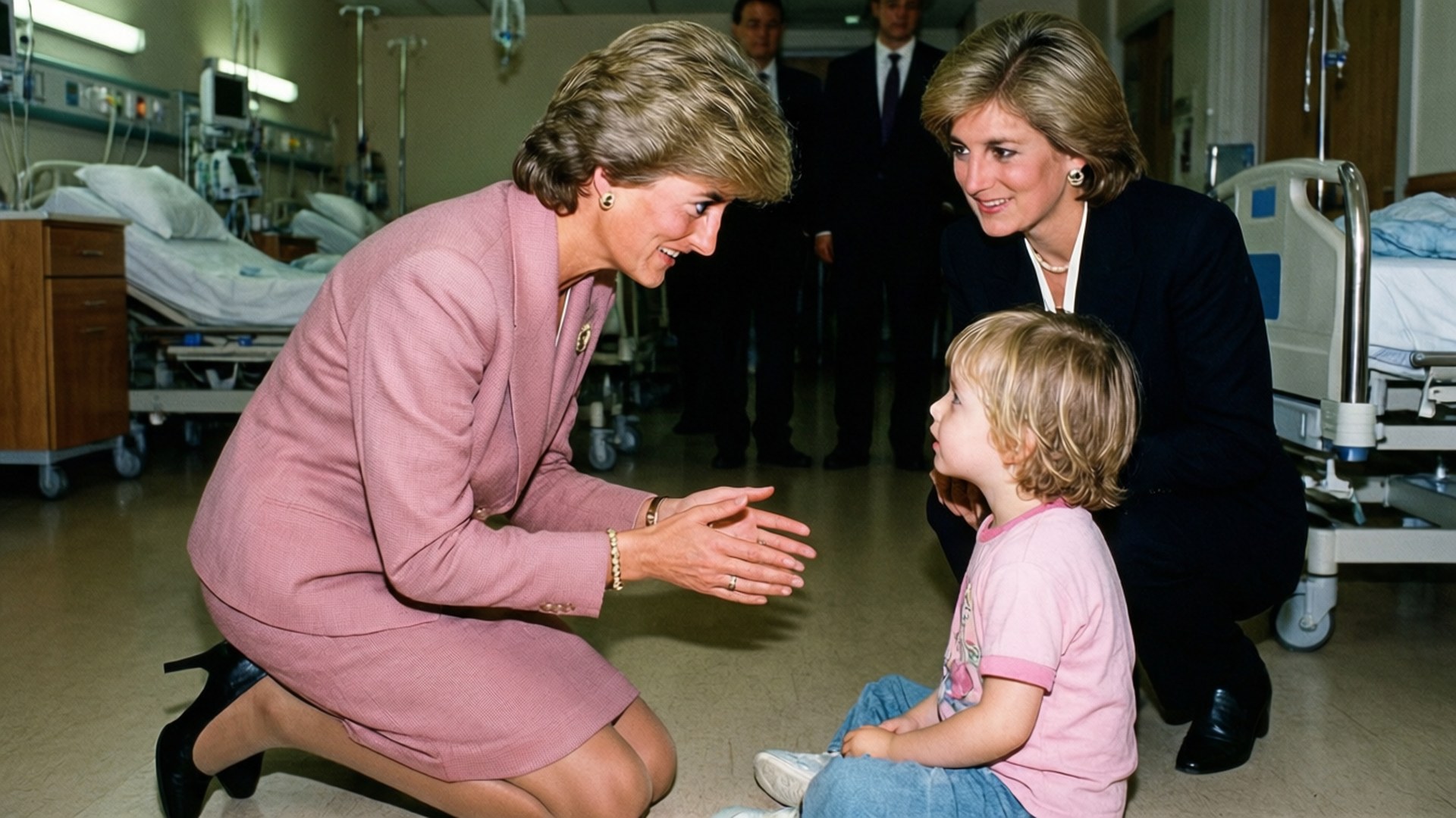 Princess Diana 桌布 壁紙 — 戴安娜王妃跪在地上，溫暖地微笑著面對病房內的一個小孩，背景有醫療床和醫護人員。