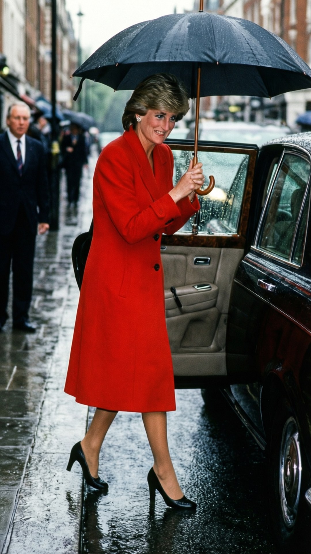 戴安娜王妃身穿紅色外套手持黑色雨傘從車上下來在濕漉漉的街道上。