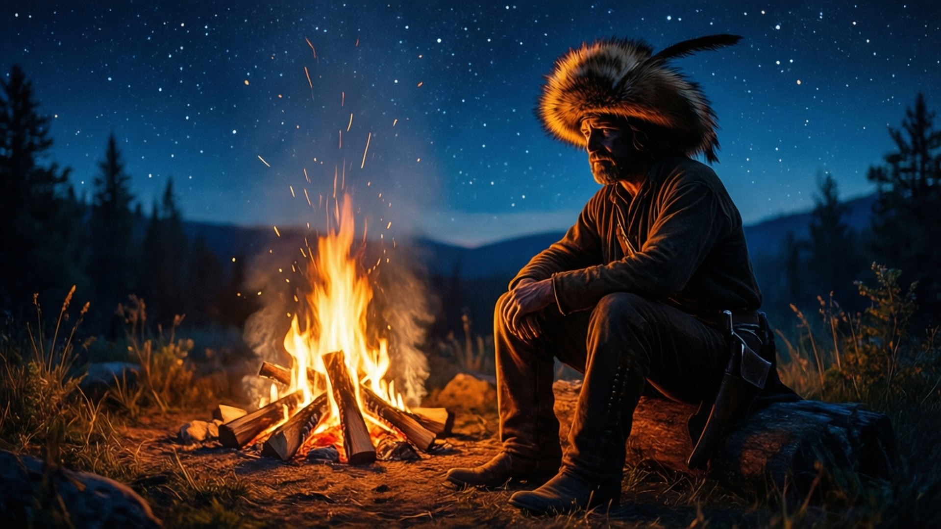 Davy Crockett 桌布 壁紙 — 一個戴著毛帽的男人坐在森林中星空下噼啪作響的營火旁。