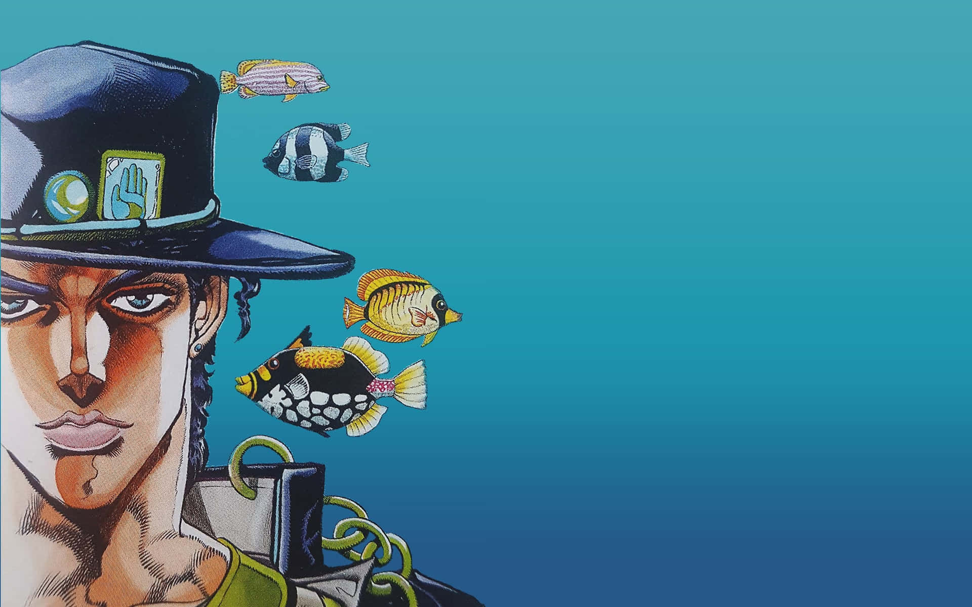  壁紙 — 一個戴帽子的風格化動漫男子，色彩繽紛的魚在他頭部周圍游動，背景為青綠色漸變。