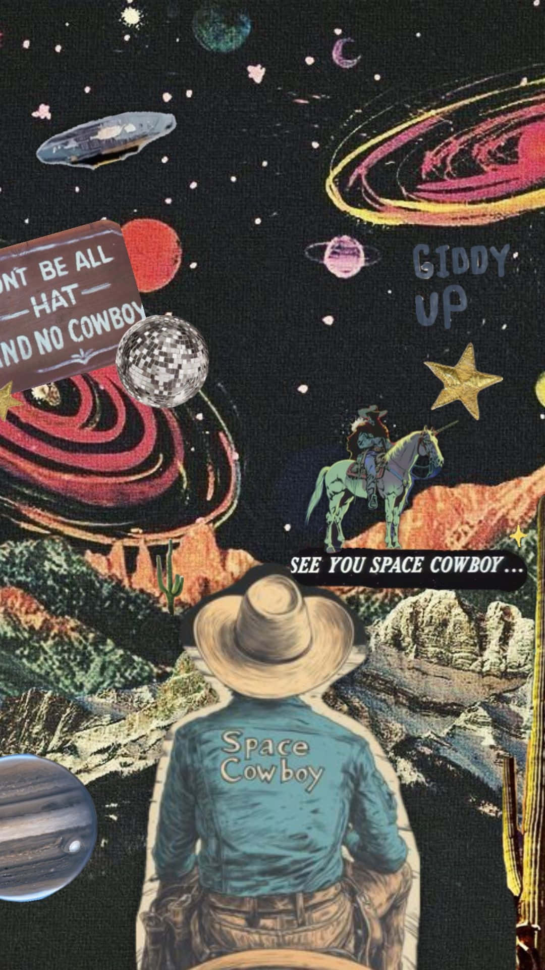  壁紙 — 戴帽子的牛仔凝視著星空下的宇宙場景，其中有行星、UFO 和一隻獨角獸馬。