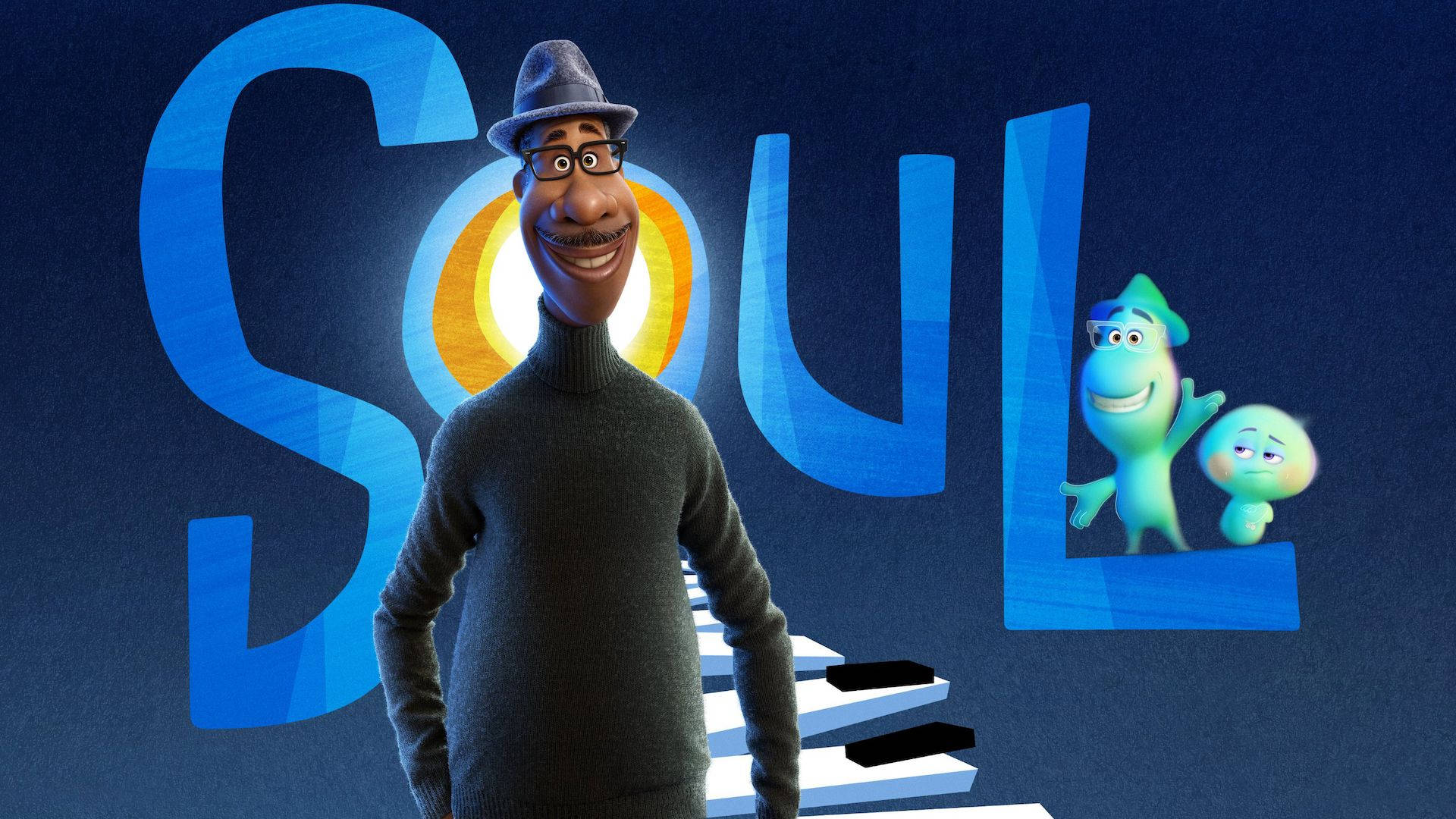動畫男子與靈魂在「SOUL」標題和鋼琴鍵旁。