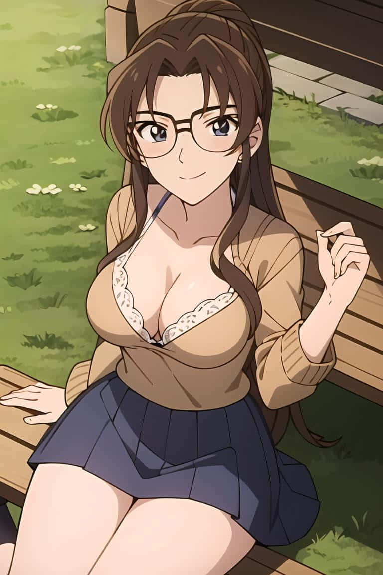  壁紙 — 戴眼鏡的動漫女孩坐在草地上的木長椅上，穿著米色開襟衫和深色裙子。