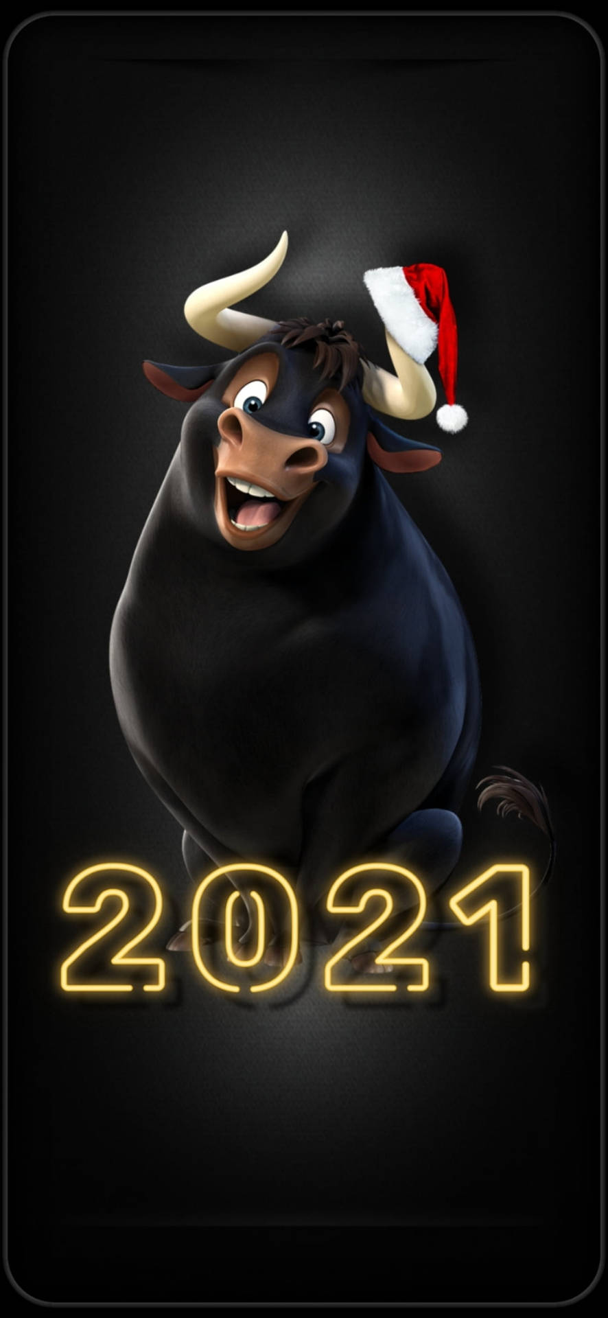 戴聖誕帽的快樂卡通公牛，帶有發光的2021新年文字。