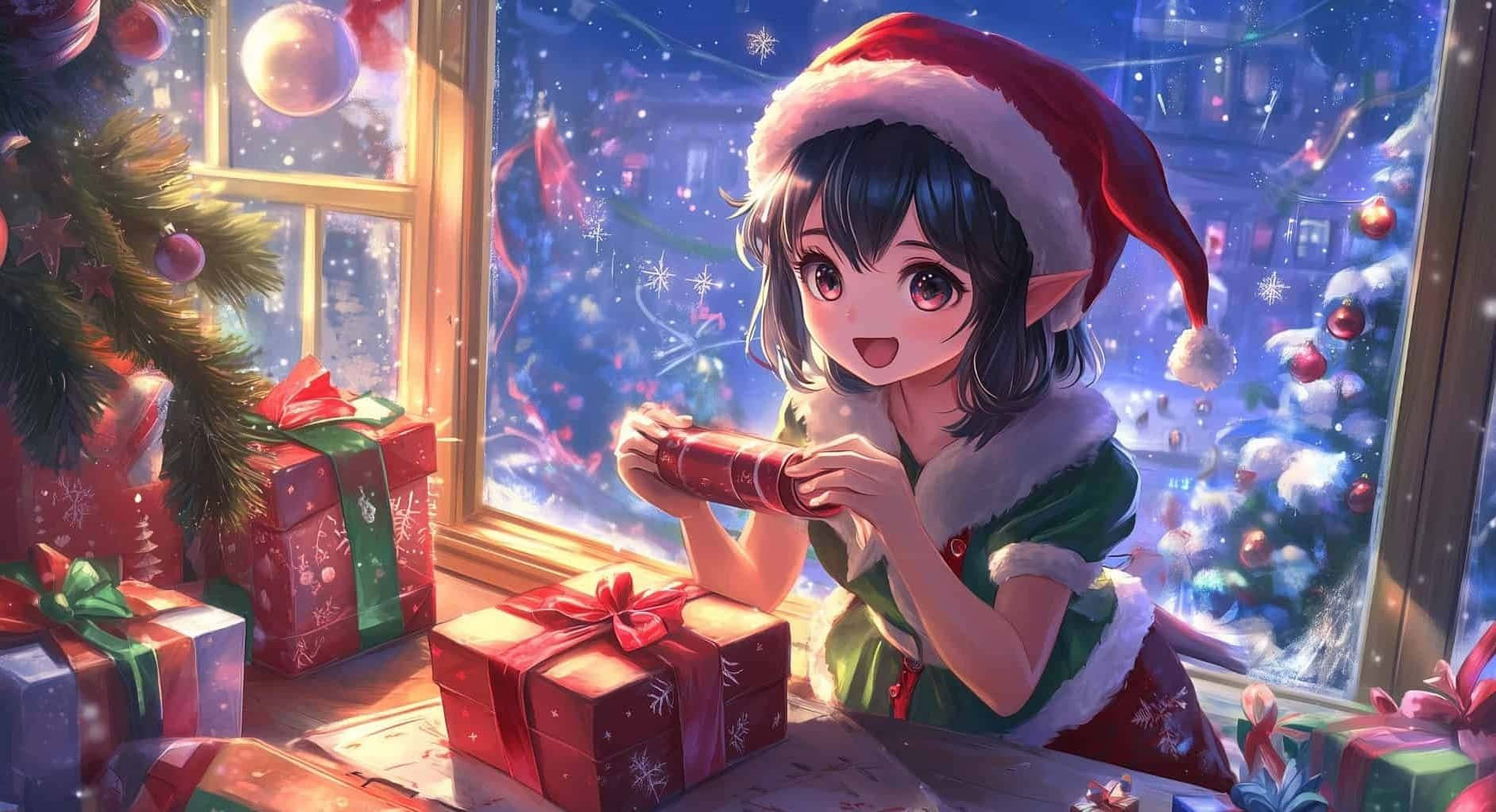  壁紙 — 一個戴聖誕帽的開心動漫女孩喺落雪嘅窗邊拆禮物，附近有裝飾好嘅聖誕樹同禮物。