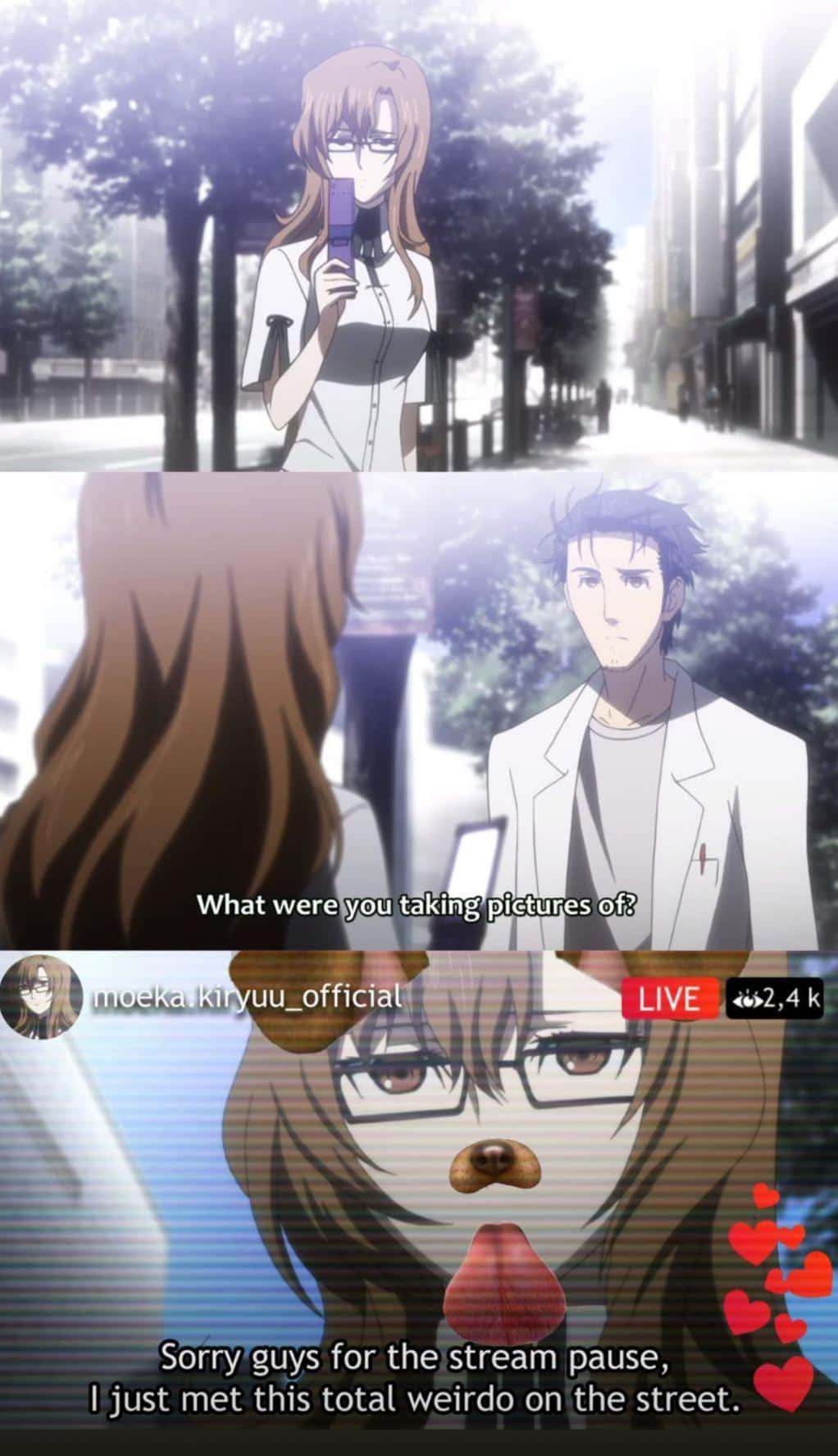 Moeka Kiryu 桌布 壁紙 — 戴眼鏡的動漫女孩在街上直播時拿著電話，一個男孩問她在拍什麼照片。