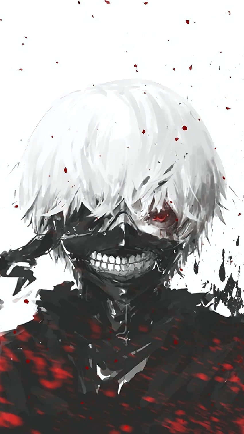 《東京喰種》的世界充滿神秘與危險 壁紙 — 一個帶有白髮和黑色面具的威脅性動漫角色，露出尖牙咧嘴而笑，紅色血跡濺在純白背景上。