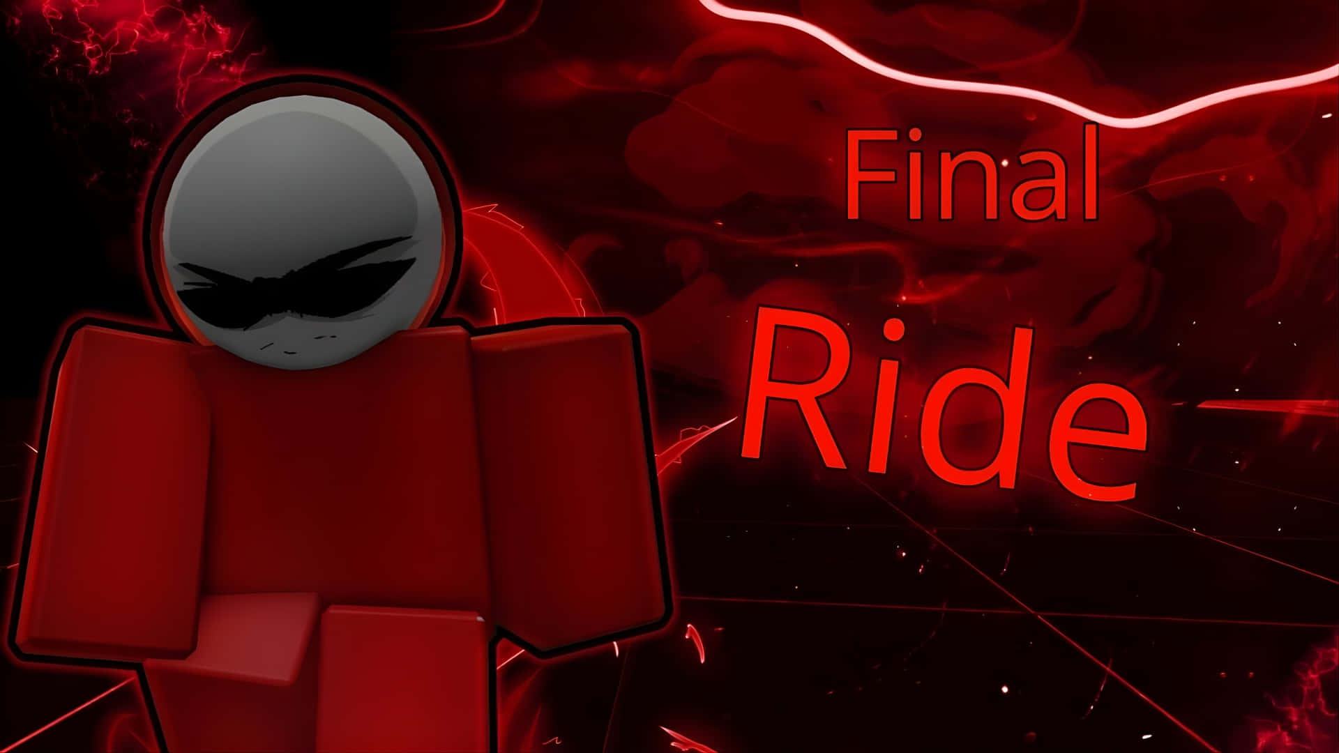  壁紙 — 一個帶有發光眼睛的威脅性紅色Roblox風格人物，站在深紅色抽象背景上，並帶有文字Final Ride。