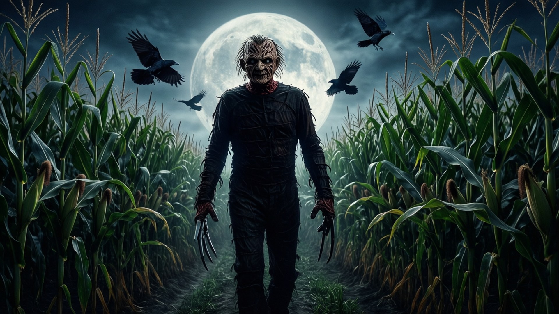 Freddy Krueger Free 桌布 壁紙 — 一個帶有爪狀手的可怕稻草人喺月光下嘅粟米田度行，烏鴉喺頭頂飛過。
