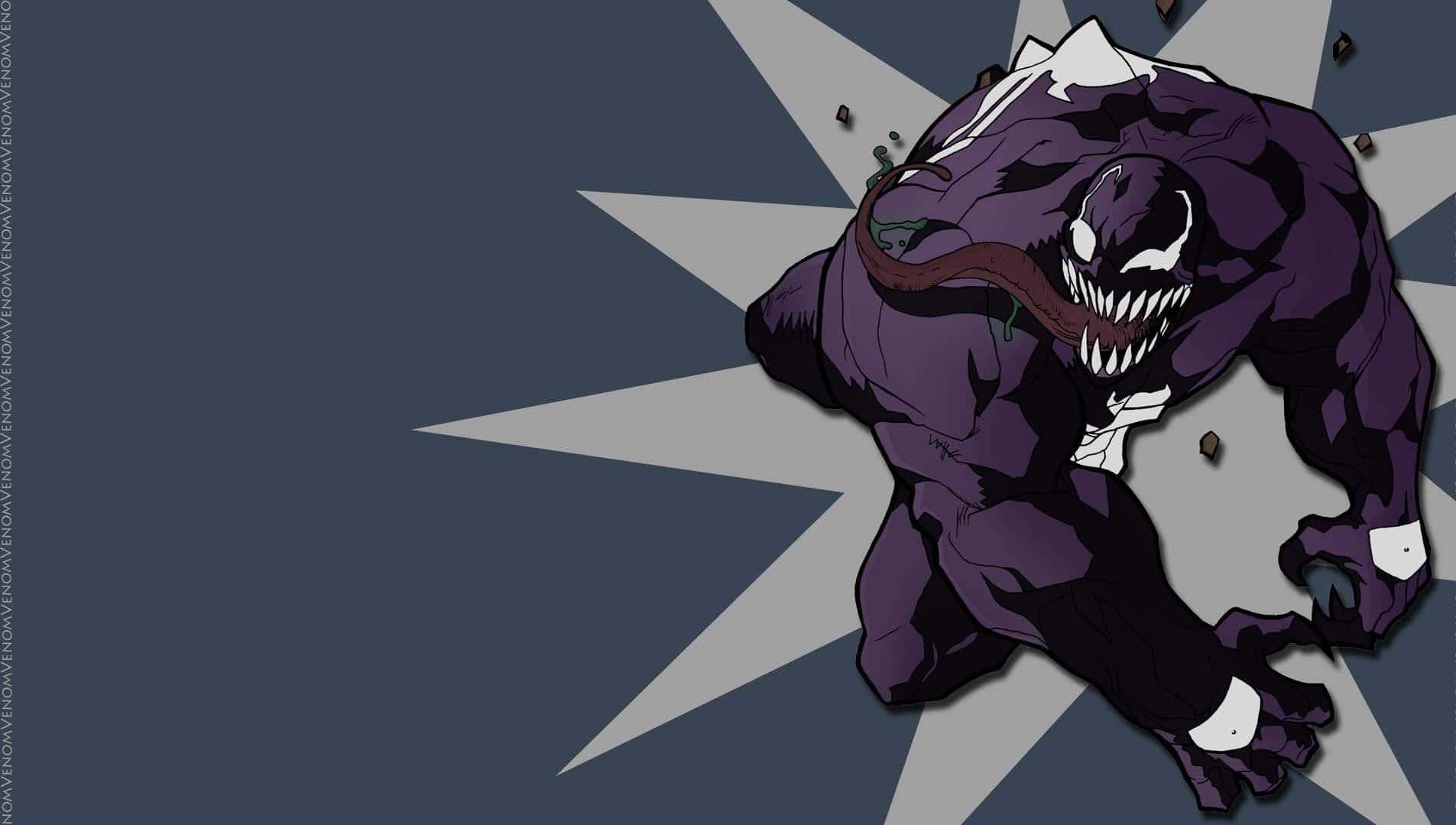 Venom Comic Book 桌布 壁紙 — 一個帶有威脅性的紫色Venom角色在深灰色背景上向前猛衝，背景有白色星爆圖案。