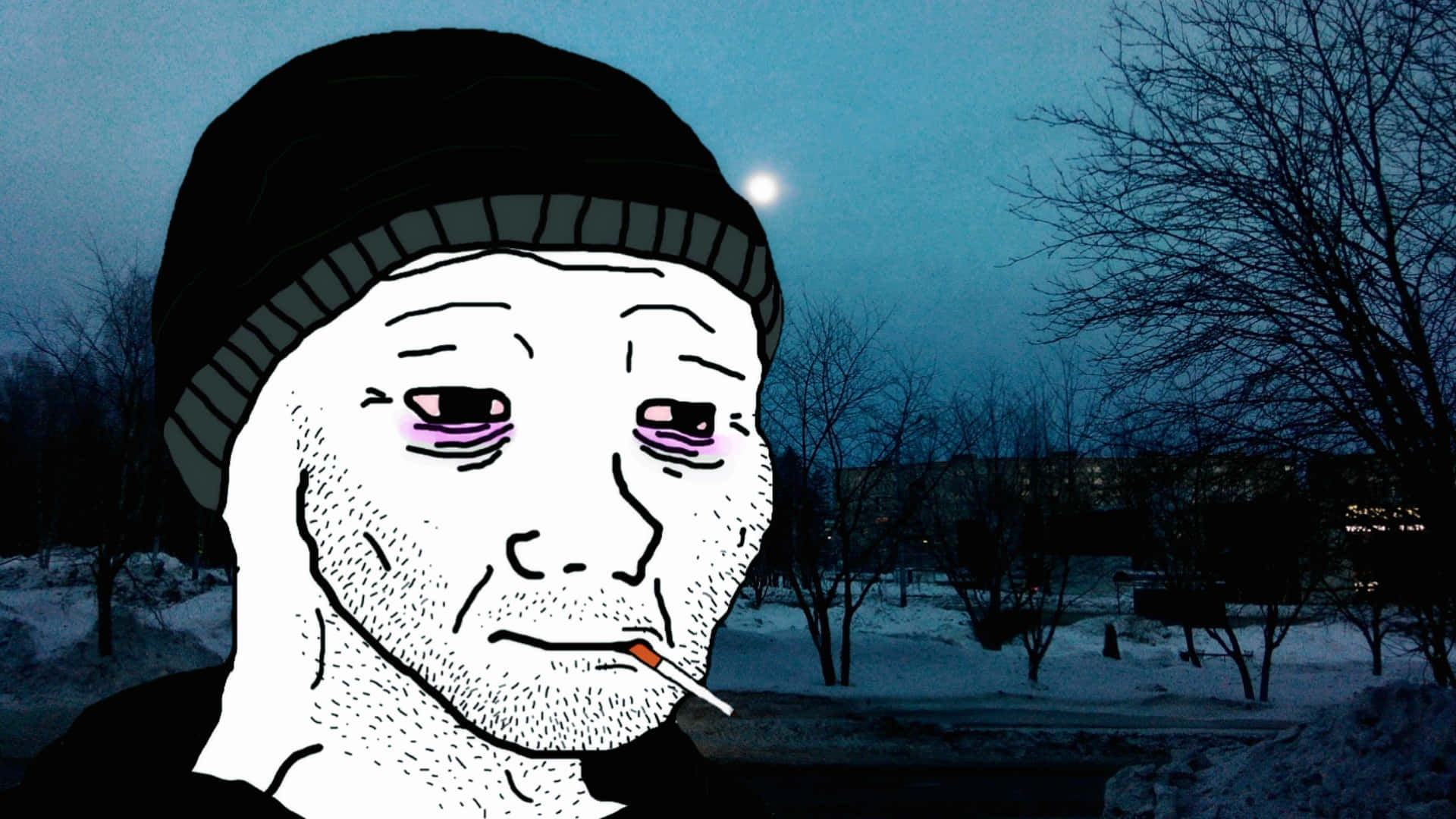  壁紙 — 一個戴著冷帽的風格化男子，在雪黃昏背景下抽煙，背景有光禿禿的樹木和遠處的建築物。