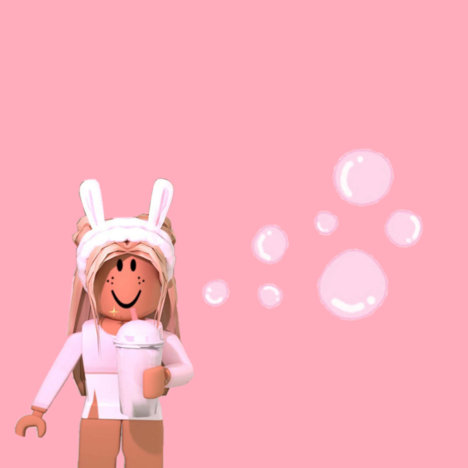  壁紙 — 一個戴著兔仔帽嘅開心Roblox頭像喺飲緊嘢，粉紅色泡泡喺佢旁邊漂浮，背景係純粉紅色。