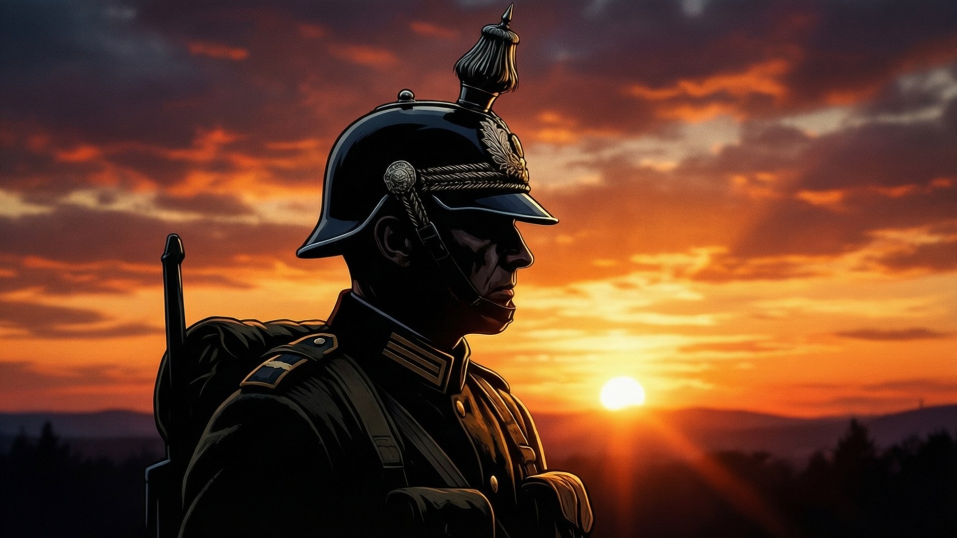 夕陽、橙色天空和遠山背景下，戴尖刺頭盔的士兵剪影。