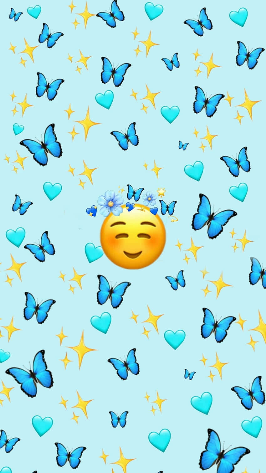 一個戴著花冠的微笑表情符號，被蝴蝶、心形和星星環繞。 — 唯美蝴蝶動圖 壁紙