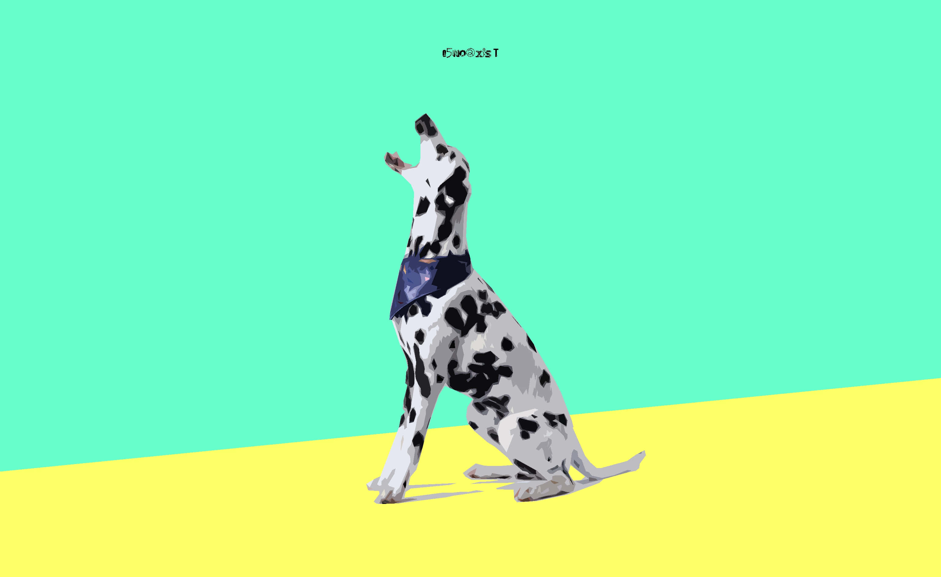 Minimalist Animal 桌布 壁紙 — 一隻斑點狗警覺地坐在黃色地板上，背景是青綠色牆壁，戴著藍色頭巾，向上看。
