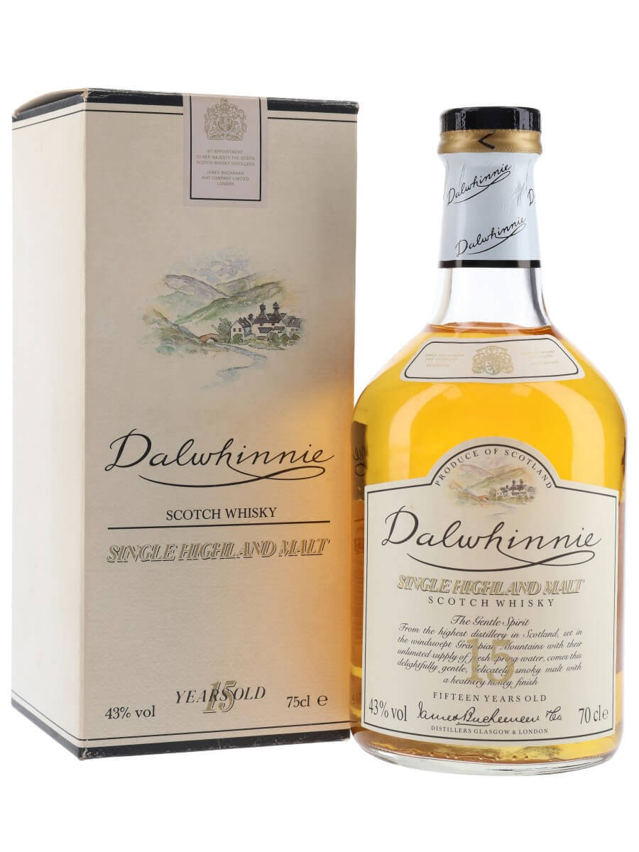 Dalwhinnie 15年單一麥芽蘇格蘭威士忌酒瓶和盒子，帶有高地場景。