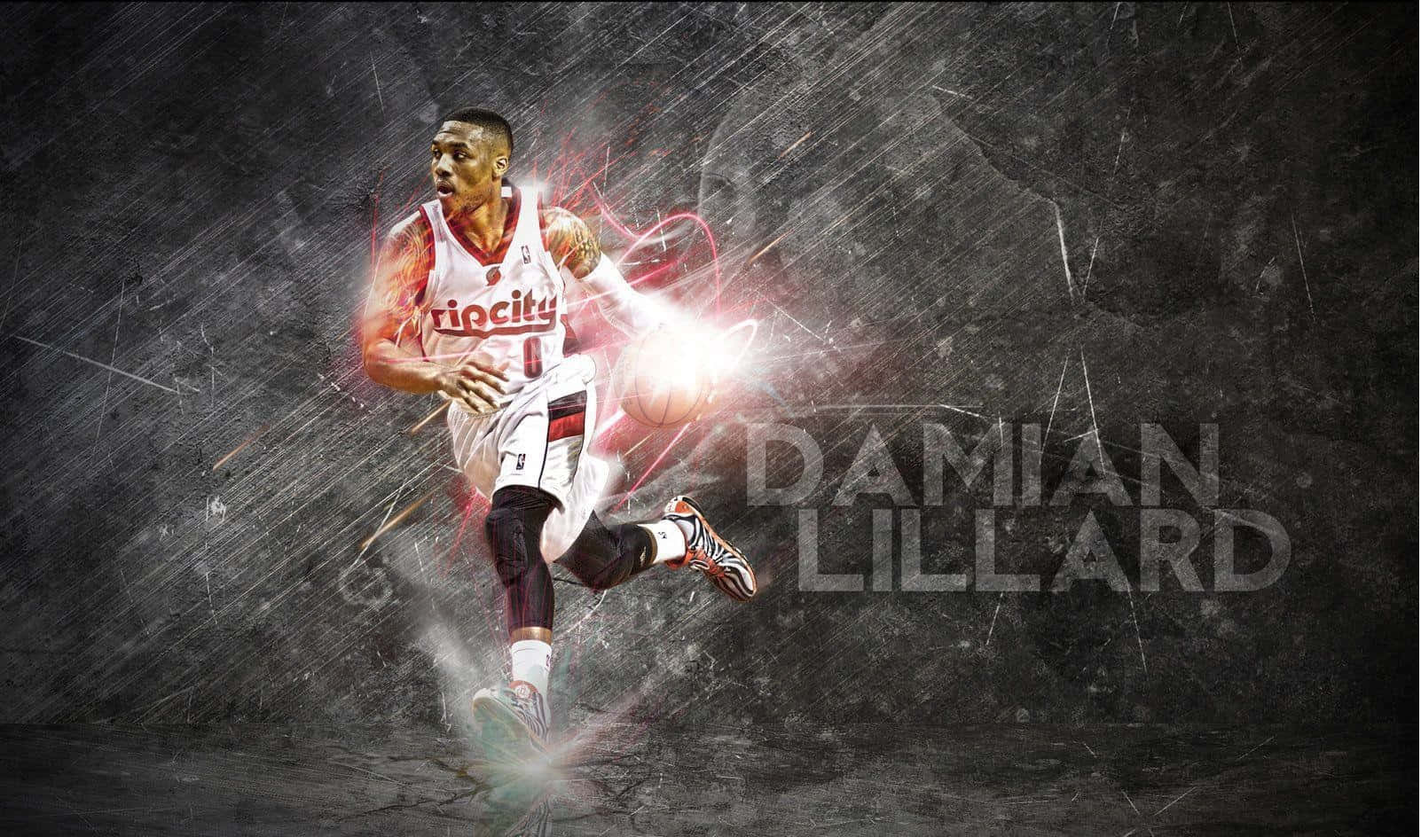  壁紙 — Damian Lillard 在粗糙的深色背景下以電光火石般的能量運球。