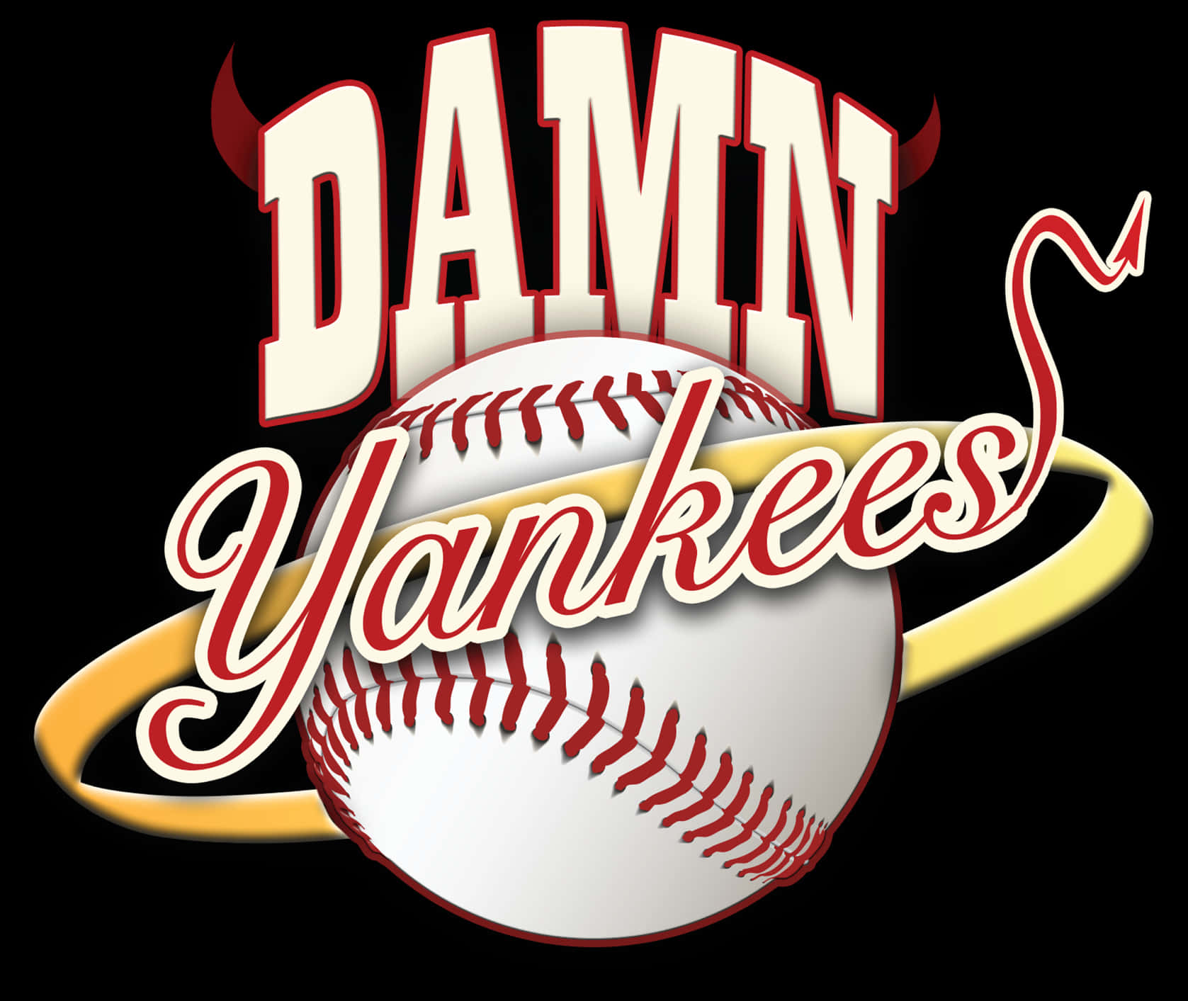 Damn Yankees 棒球隊標誌 壁紙 — 一個大膽的圖形，棒球上有'DAMN Yankees'文字和魔鬼角，背景為黑色。