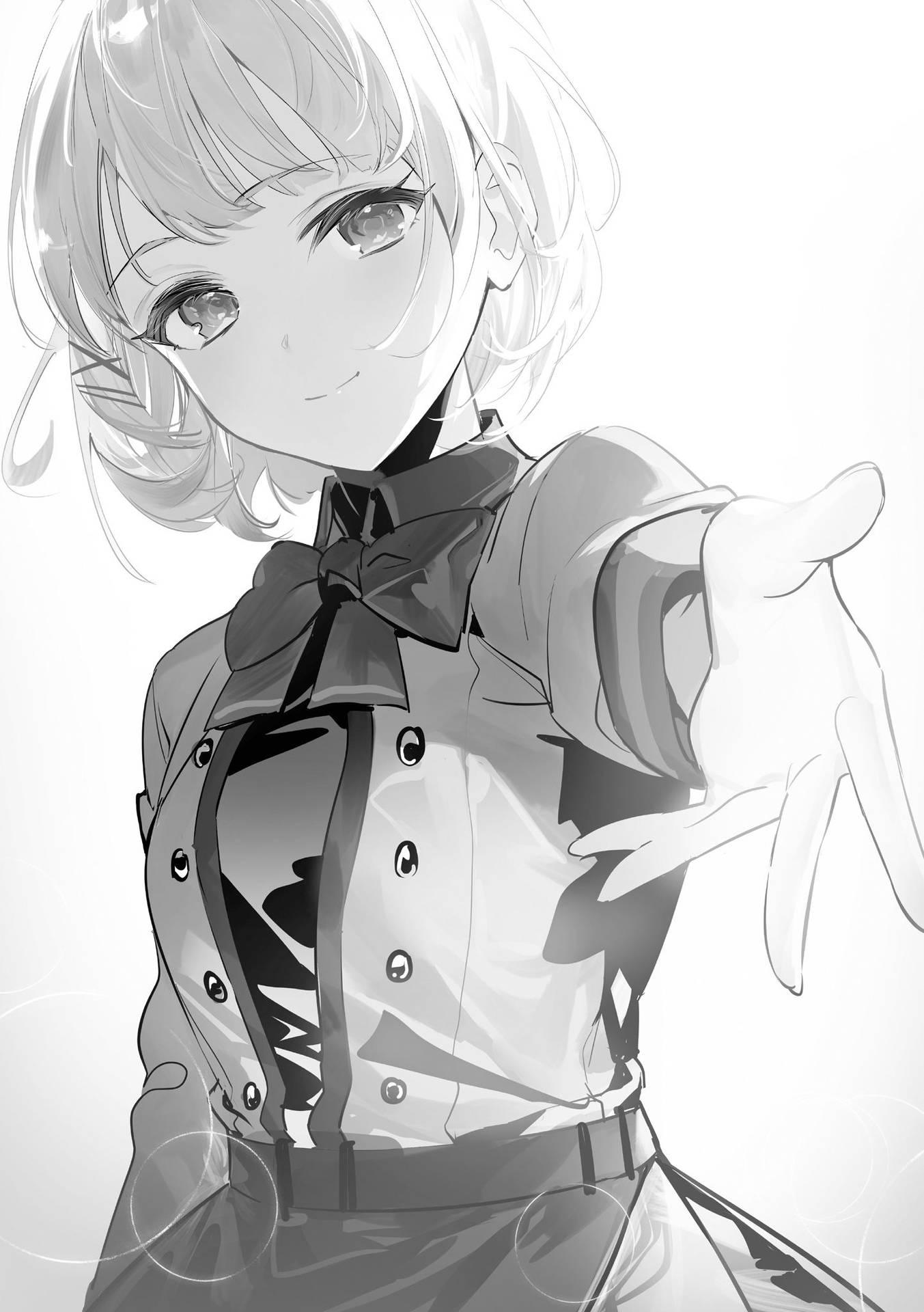 灰階服裝的動漫女孩溫柔微笑並伸出手。