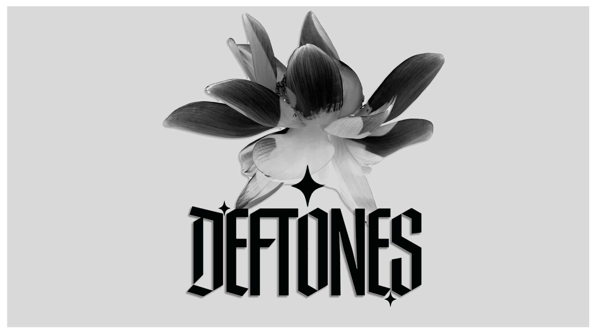  壁紙 — 單色風格化花朵圖案，下方以粗體哥德字體拼寫 'DEFTONES'。