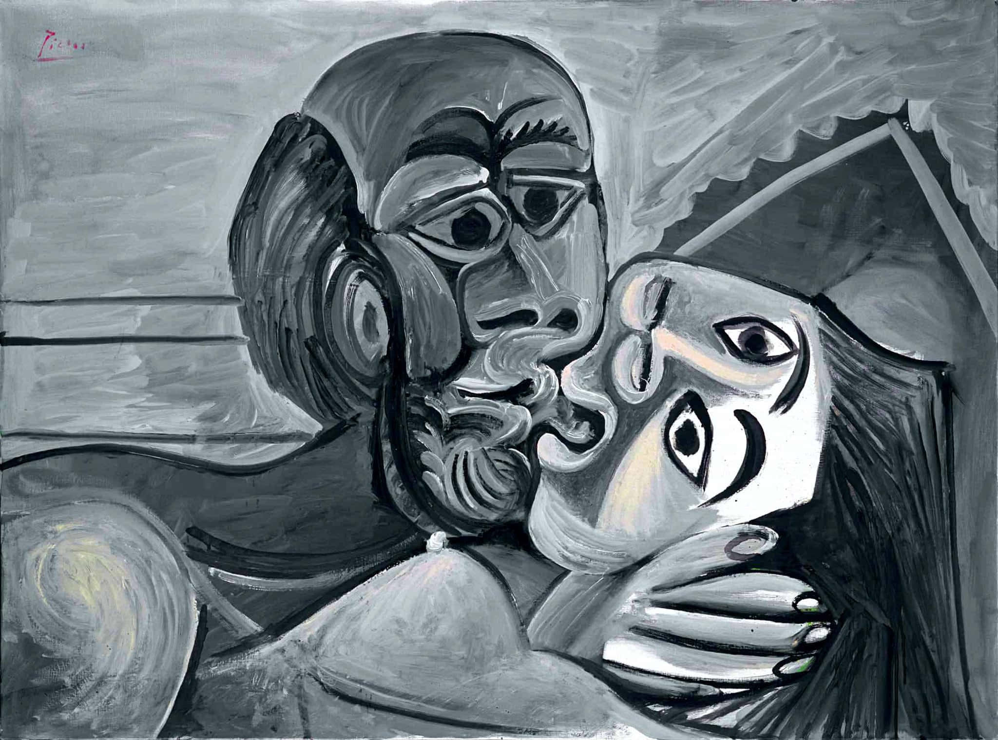 Black And White Painting 桌布 壁紙 — 一幅單色立體派繪畫描繪了一對扭曲擁抱的情侶，帶有破碎的臉龐和漩渦狀的形式。