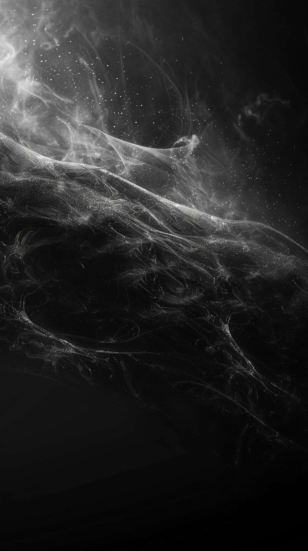 Black iPhone Xr 桌布 壁紙 — 單色中旋轉的飄渺宇宙星雲，發光粒子在深空中飄移。