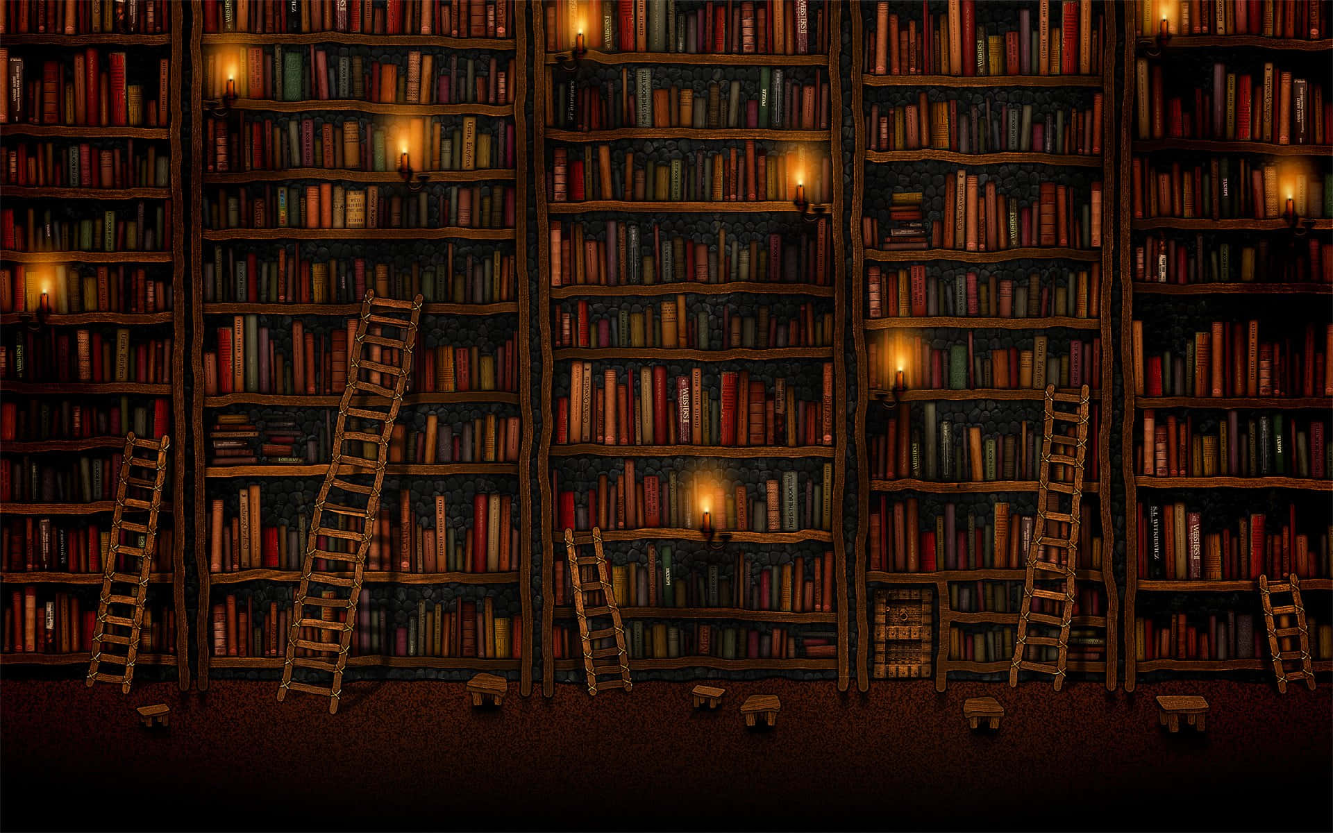 Dark Book Aesthetic 桌布 壁紙 — 燈光昏暗的圖書館，高聳的書架上放滿書籍，木梯子通向燭光照亮的書架。