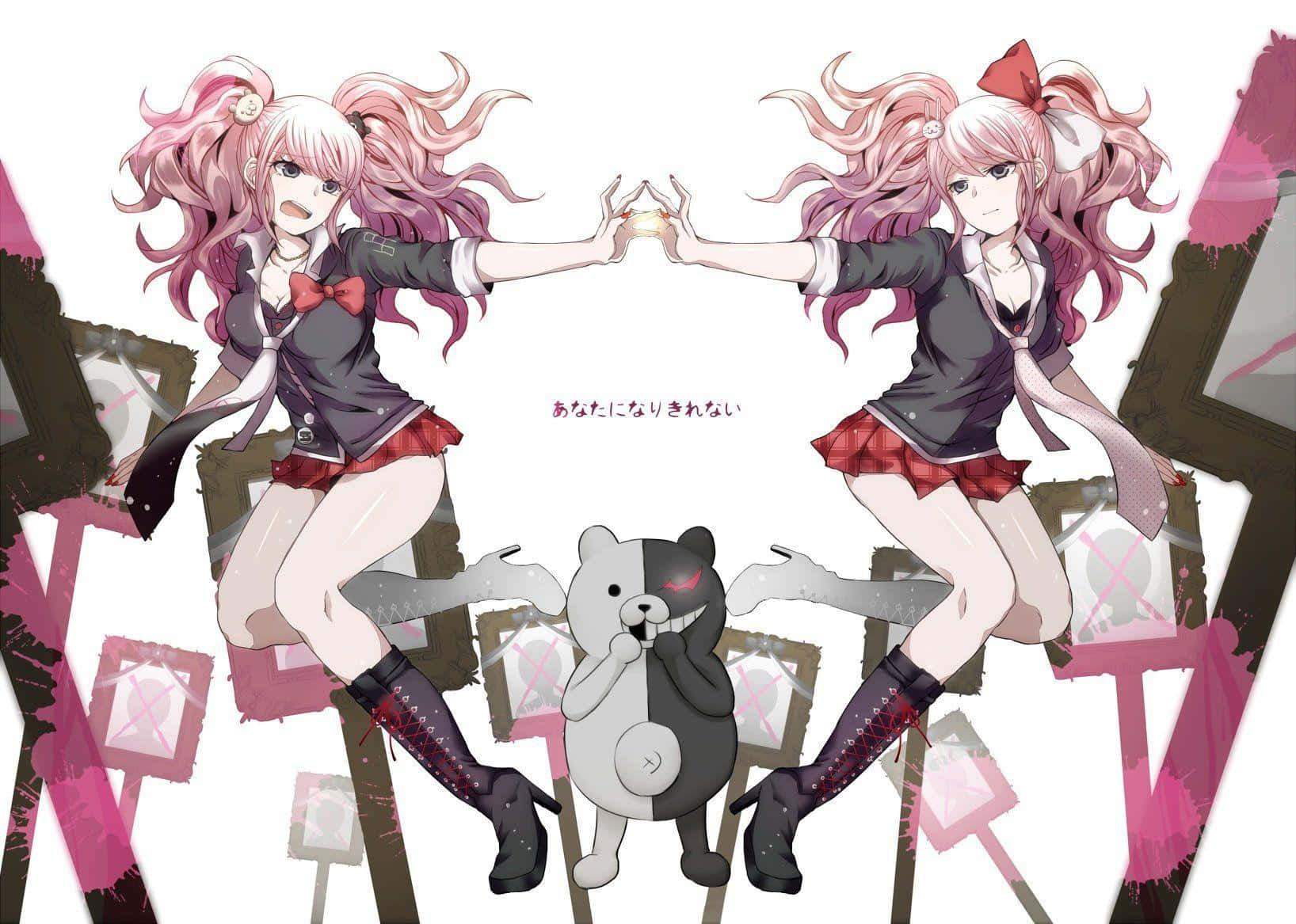 《Danganronpa 3》中對未來抱持希望 壁紙 — 兩個粉紅色頭髮的動漫女孩穿著校服，在一個分裂面孔的熊吉祥物上方互相伸手，背景是粉紅色飛濺圖案。