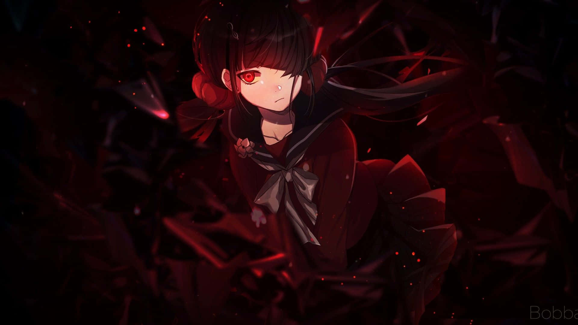 春川真希陰影Danganronpa頭像 壁紙 — 一位深色頭髮的動漫女孩，擁有發光的紅色眼睛和穿著水手服，站在破碎的紅色玻璃中，營造出陰鬱的深紅色場景。