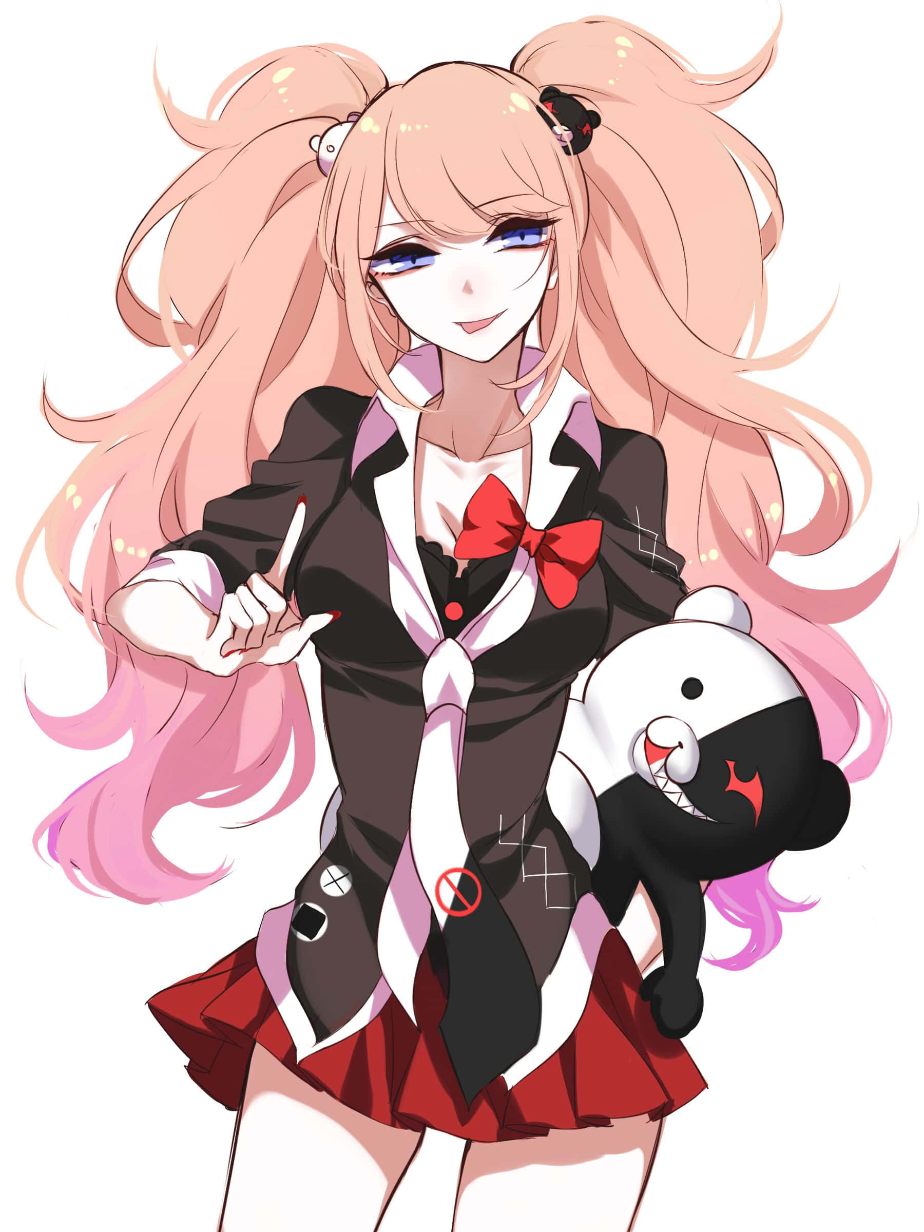 《Danganronpa》角色集體強勢姿勢 壁紙 — 動畫女孩，粉紅色雙馬尾，穿著校服，抱著黑白熊公仔。